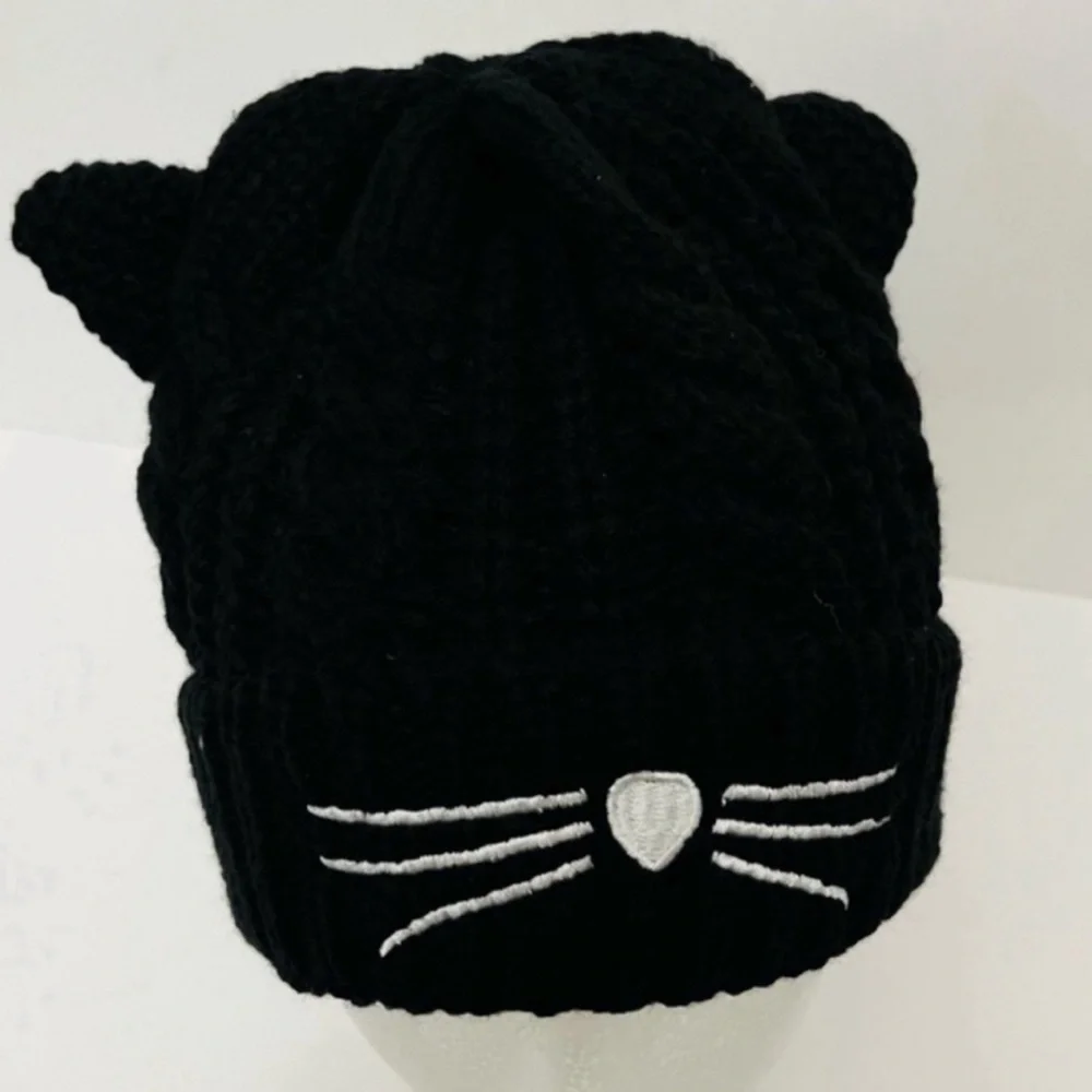 New Black Cat Embroidery Stretchy Knit Hat Beanie Cap Unisex One Size Fits Most - Picture 4 of 6